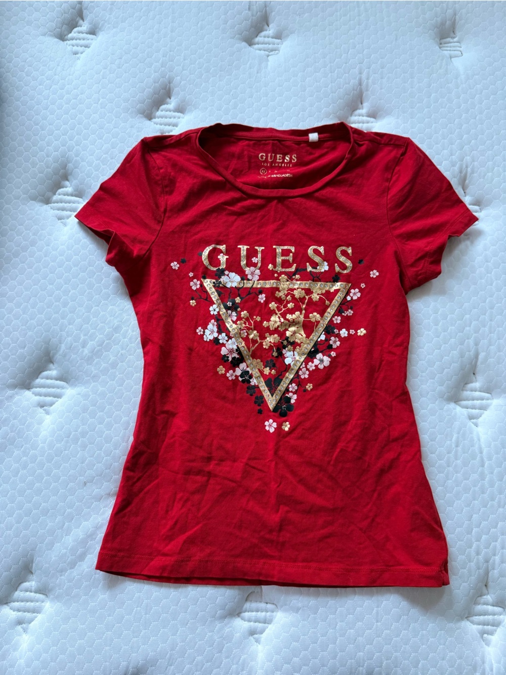 Guess Red Floral Logo Tee with Gold Accents
